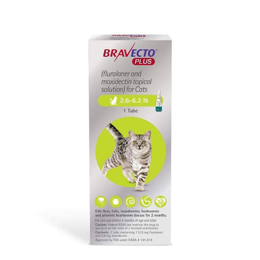 Bravecto Plus Topical Solution for Cats, 2.6-6.2 lbs, (Green Box)