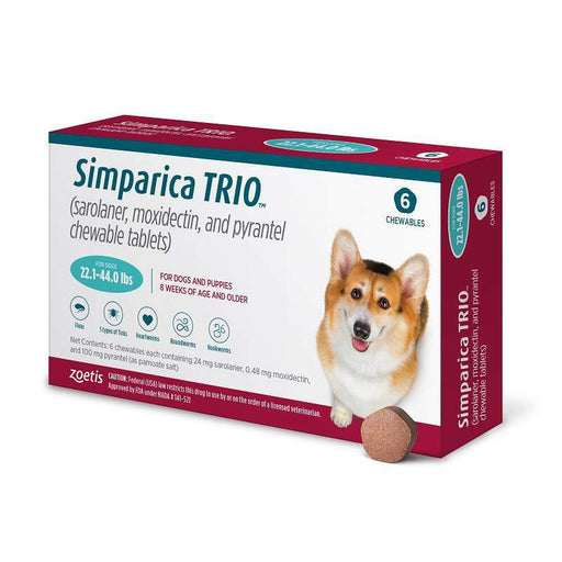 Simparica Trio Chewable Tablet for Dogs, 22.1-44.0 lbs, (Teal Box)
