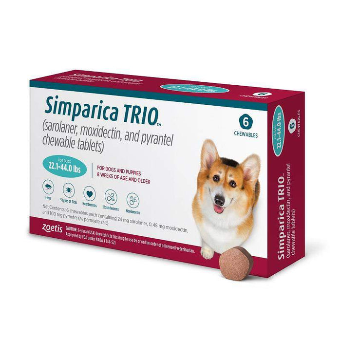 Simparica Trio Chewable Tablet for Dogs, 22.1-44.0 lbs, (Teal Box)